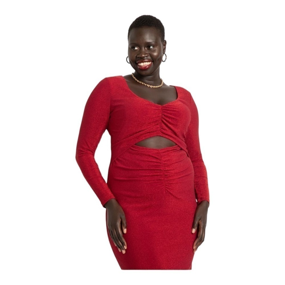 ELOQUII Red Metallic Lurex Knit Cutout Bodycon Midi Dress Size 16 NWT - Picture 5 of 5